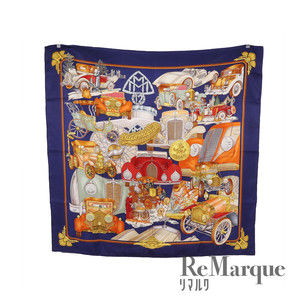 Hermes Multicolor Blue Silk Automobile JESUS Carre ET Scarf Navy